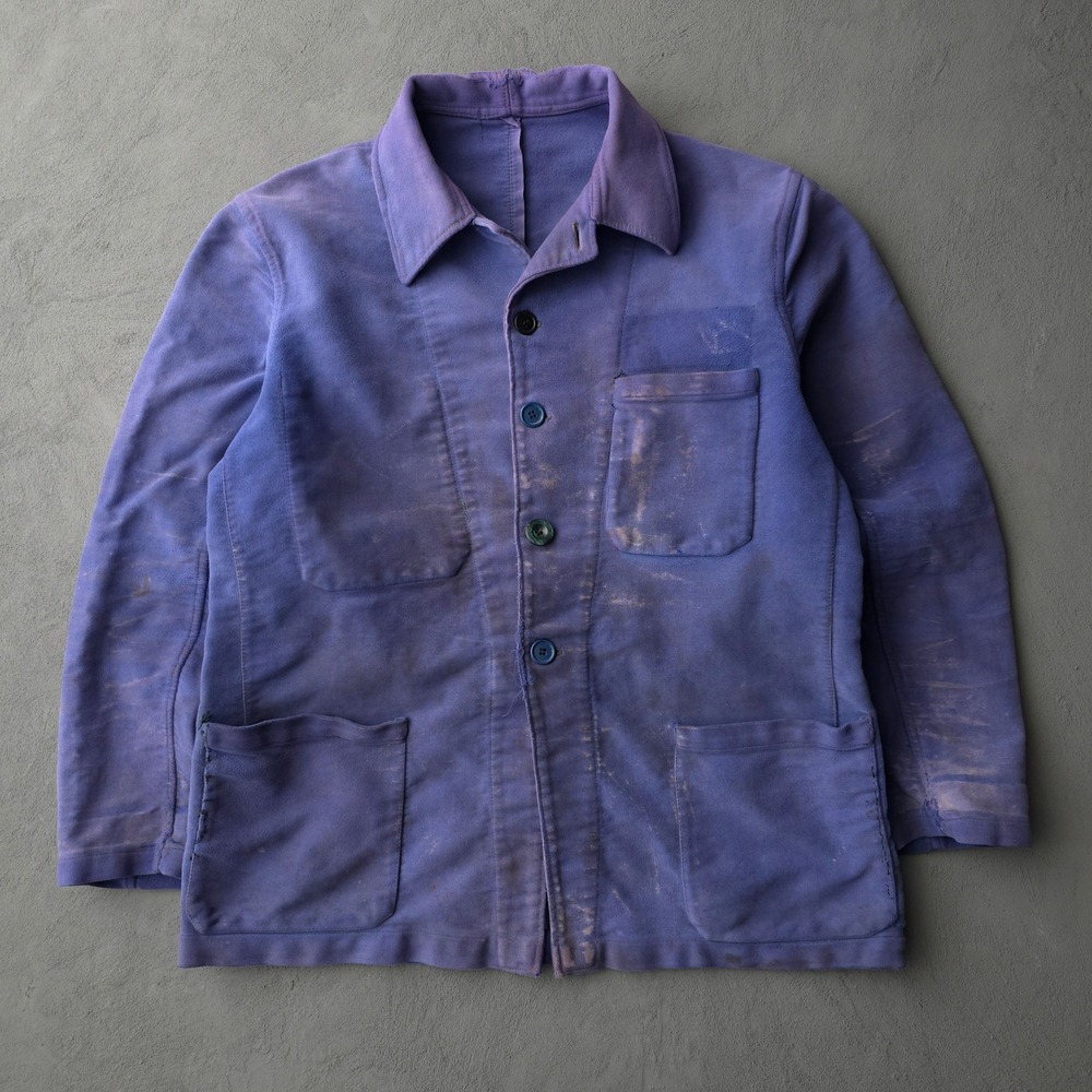 Vintage 1950s Moleskin Purple French Chore Jacket Distressed Stained Workwear